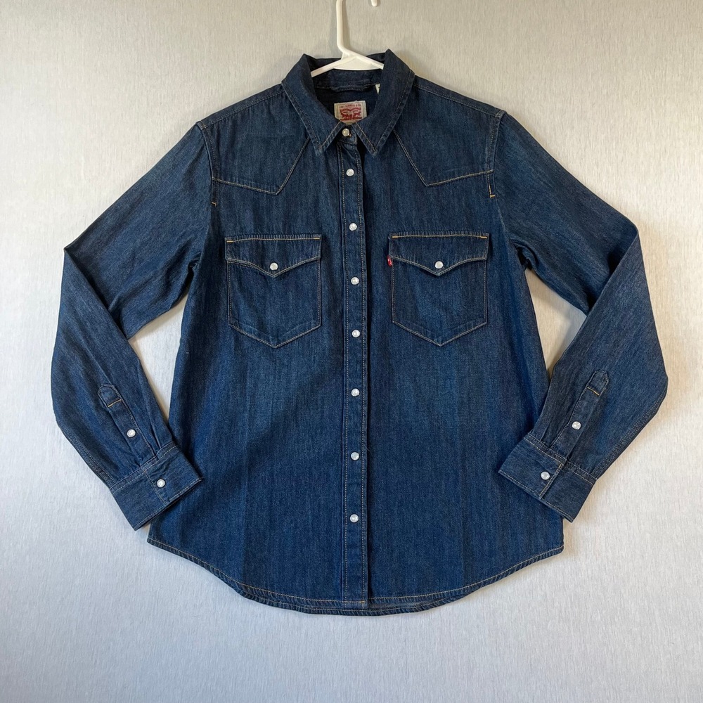 Levi Strauss Women S Denim Western Shirt Dark Wash Pearl Snap Pockets